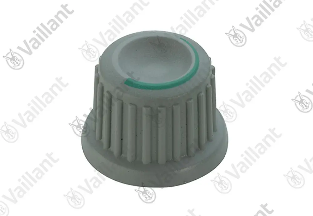 Grauer Knopf mit grünem Ring von Vaillant, mit geriffelter Außenseite und senkrechten Rillen, auf weißem Hintergrund.